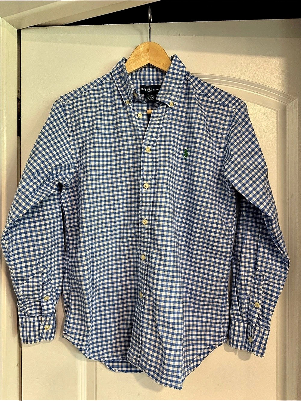 Ralph Lauren Boys Gingham Cotton Poplin Shirt Blue & White Large